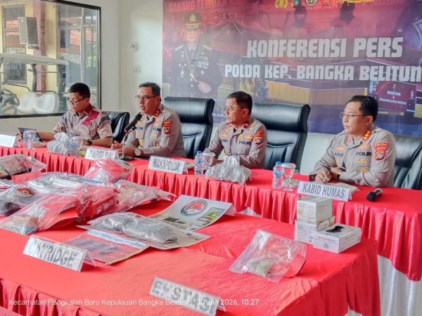 Konferensi pers hasil Operasi Antik Menumbing 2026 di Mapolda Babel, Jumat (30/1)